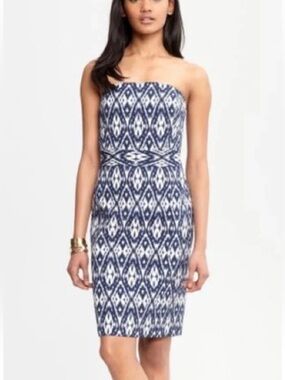 Banana Republic Navy and White Strapless Printed Sheath Dress